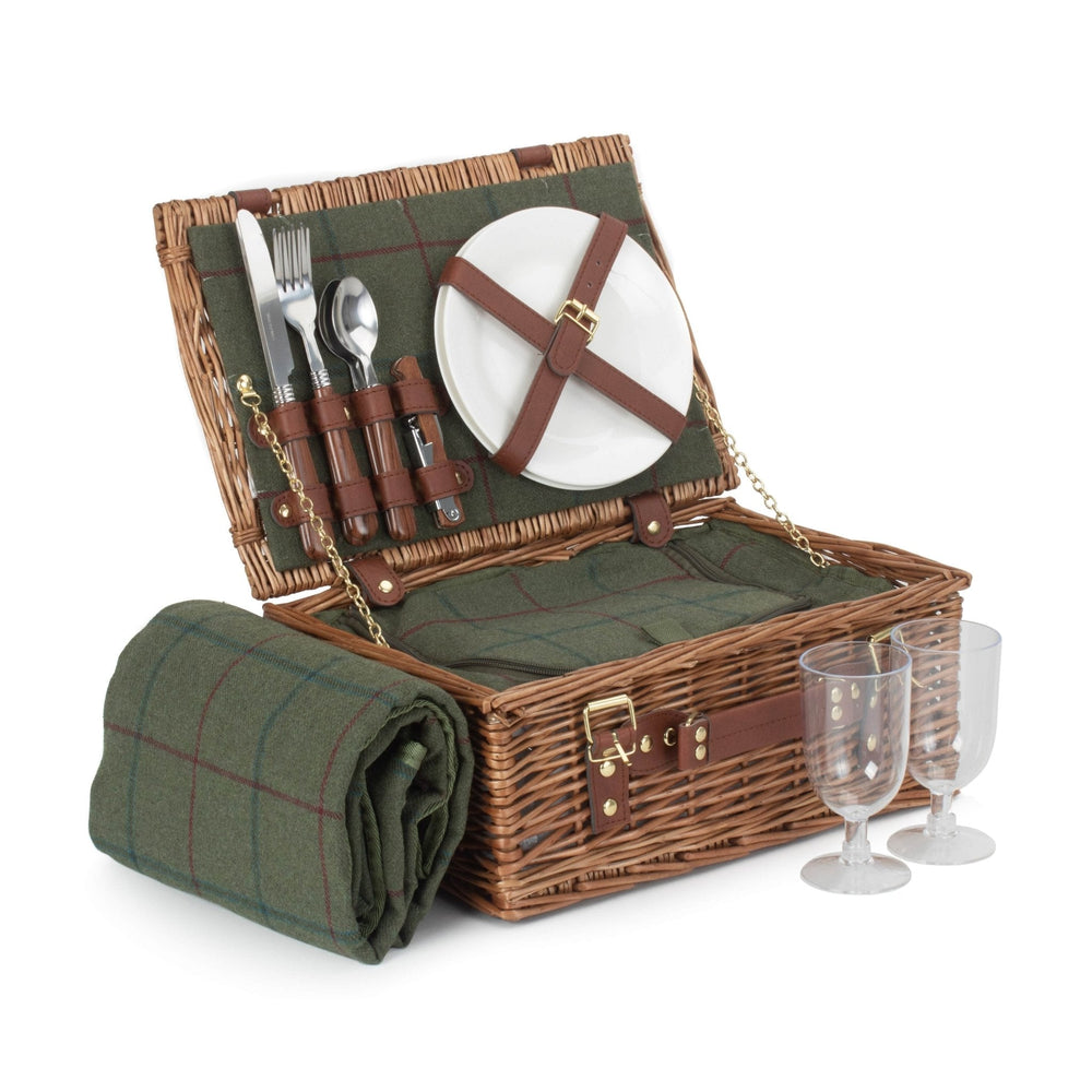 2 Person Classic Picnic Basket and Blanket Set - Green Tweed - Keep Things Personal