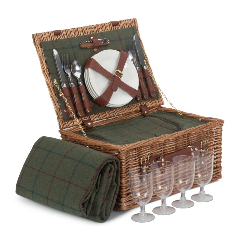 4 Person Family Picnic Basket and Blanket Set - Green Tweed - Keep Things Personal